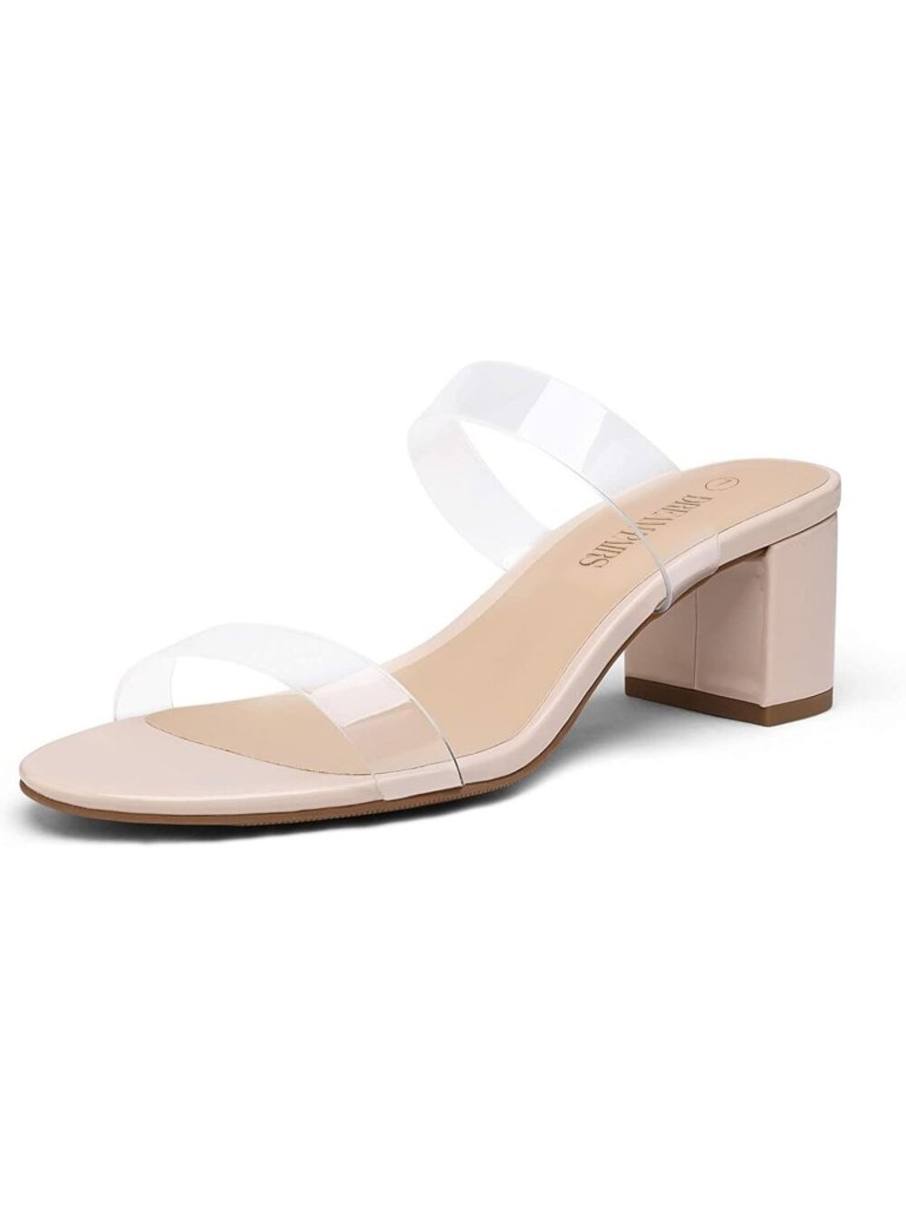 Womens Nude Pu Faux Leather Summer Comfort Open Toe Slip On Chunky Low Pump Heel
